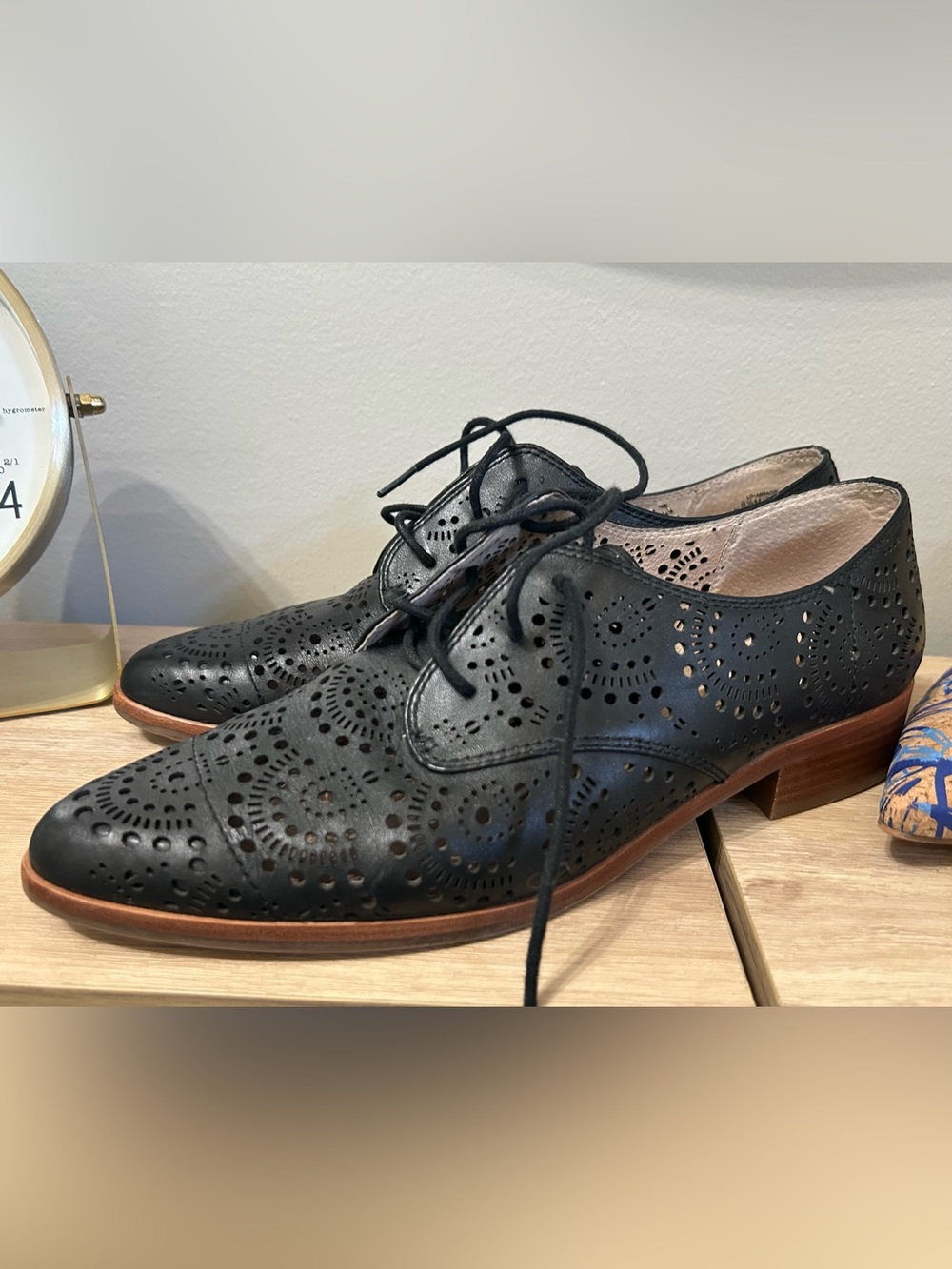 Louise et Cie Black Laser-Cut Leather Lace-Up Flats